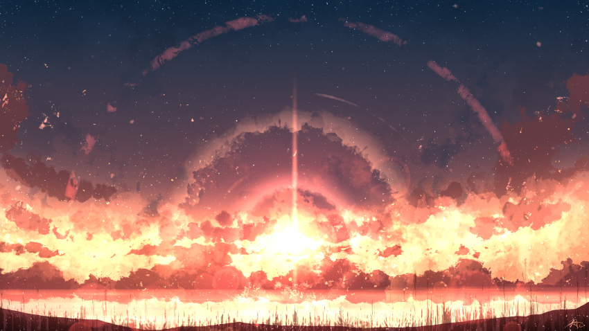 chinese_commentary clouds commentary_request highres no_humans original outdoors rune_xiao scenery signature sky star_(sky) star_(symbol) starry_sky still_life sun sunset