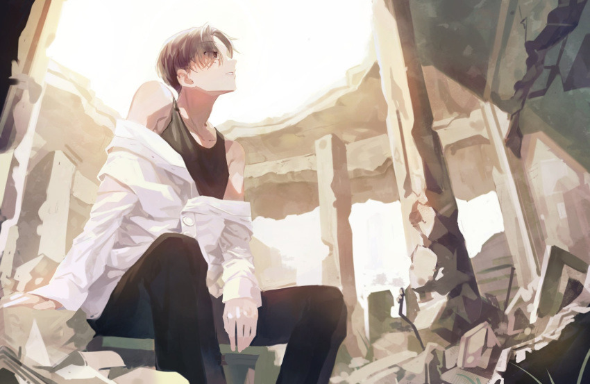 1boy black_eyes black_hair black_pants black_tank_top cowboy_shot day eyes_visible_through_hair highres long_sleeves looking_away male_focus off_shoulder outdoors pants profile rubble sano_manjirou sebin_13 shirt short_hair sitting smile solo tank_top tokyo_revengers white_shirt