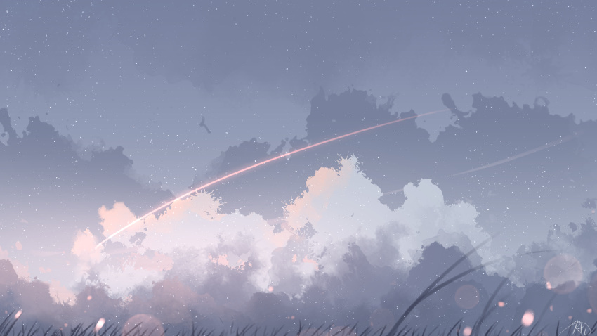 chinese_commentary clouds cloudy_sky comet commentary_request grass grey_sky highres light_particles no_humans original outdoors rune_xiao scenery signature sky star_(sky) star_(symbol) starry_sky still_life wind