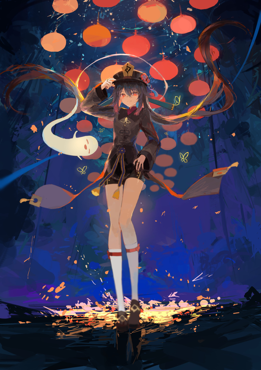 1girl absurdres arm_up black_headwear black_nails black_shorts boo_tao_(genshin_impact) brown_coat brown_footwear brown_hair closed_mouth coat coattails collared_coat commentary_request flower full_body genshin_impact ghost hand_on_headwear hat hat_flower highres hu_tao_(genshin_impact) ichika_(ichika87) jewelry kneehighs long_hair long_sleeves looking_at_viewer multiple_rings night plum_blossoms porkpie_hat red_eyes ring shorts socks solo tailcoat very_long_hair white_socks