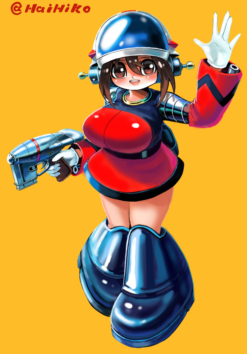 1girl absurdres belt boots breasts brown_eyes brown_hair commentary_request dress full_body gloves gun hai_to_hickory hair_between_eyes helmet highres holding holding_gun holding_weapon huge_breasts knee_boots medium_hair open_mouth orange_background original red_dress short_dress smile solo trigger_discipline twitter_username weapon white_gloves