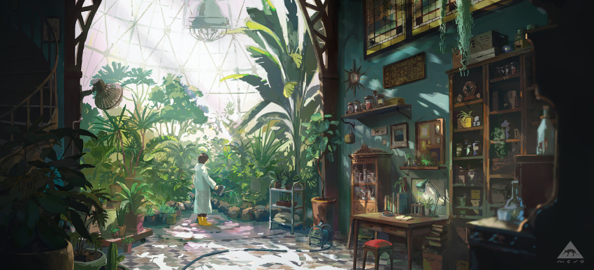 1other ambiguous_gender boots brown_hair electric_fan highres holding holding_watering_can indoors lab_coat melonsoda_(shinryoku) original plant rubber_boots scenery shelf short_hair solo standing stool table watering_can window yellow_footwear
