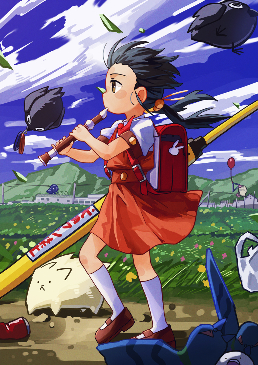 1girl animal backpack bag bag_charm bird black_hair blue_sky blush_stickers brown_eyes charm_(object) clouds commentary crow day dove dress expressionless falling_leaves field floating_hair flower flower_field forehead from_side full_body hair_bobbles hair_ornament highres holding holding_instrument instrument kaai_yuki kneehighs kyoufuu_all_back_(vocaloid) leaf long_hair looking_ahead low_twintails mandei_(nao_1234567) mary_janes mountainous_horizon music necktie outdoors path pigeon pinafore_dress pink_flower plastic_bag playing_instrument profile puffy_short_sleeves puffy_sleeves randoseru recorder red_bag red_dress red_necktie shirt shoes short_sleeves sky sleeveless sleeveless_dress socks solo triangle_(instrument) twintails utility_pole vocaloid walking white_shirt wind yellow_flower