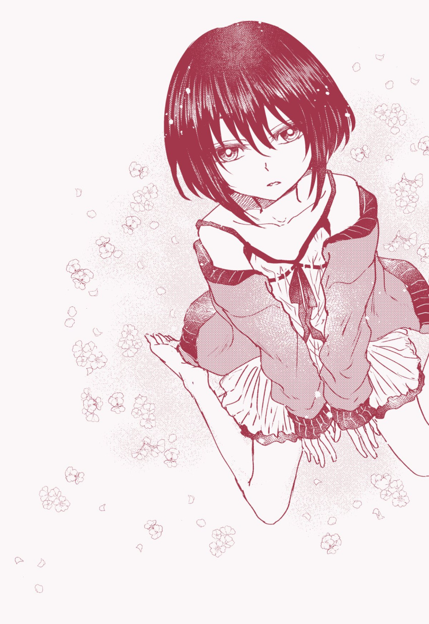 1girl bare_legs between_legs black_hair bob_cut bright_pupils collarbone dress dutch_angle empty_eyes expressionless falling_petals flat_chest from_above greyscale hand_between_legs highres jacket loli long_sleeves looking_at_viewer monochrome off_shoulder on_ground open_clothes open_jacket petals reimei_(1988) short_dress short_hair sidelocks sitting sleeveless sleeveless_dress sleeves_past_wrists solo toaru_majutsu_no_index wariza white_background white_pupils yuzuriha_ringo