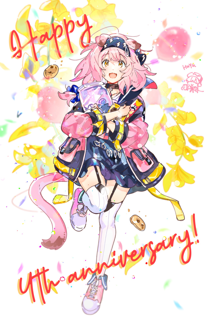 1girl :3 :d absurdres animal_ears arknights black_hairband black_skirt blue_bow bow braid cat_ears cat_tail cookie food garter_belt goldenglow_(arknights) hair_bow hair_ornament hairband hairclip happy_anniversary highres jacket lightning_bolt_symbol looking_at_viewer open_mouth pink_footwear pink_hair pink_jacket shoes skirt smile sneakers solo tail thigh-highs wed_(lim38869577) white_thighhighs