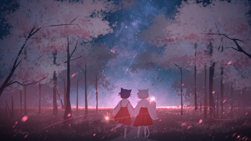 2girls animal_ears black_hair cat_ears cat_girl cat_tail chinese_commentary commentary_request forest from_behind full_body high-waist_skirt highres leg_up long_sleeves multiple_girls nature night night_sky original outdoors red_skirt ribbon-trimmed_sleeves ribbon_trim rune_xiao scenery shirt short_hair signature skirt sky standing tail tree white_hair white_shirt wide_sleeves