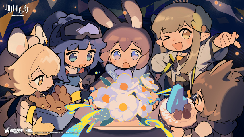 5girls amiya_(arknights) animal_ears arknights astgenne_(arknights) birthday_cake blue_eyes cake dorothy_(arknights) flower food glasses gloves goggles goggles_on_head hat highres jewelry long_hair mole mole_under_eye muelsyse_(arknights) multiple_girls official_art one_eye_closed orange_eyes pointy_ears ponytail ring silence_(arknights) silence_the_paradigmatic_(arknights)