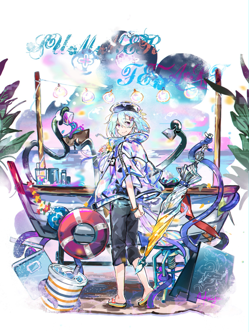 1boy absurdres arknights arms_behind_back black_shorts blue_headwear boat bracelet closed_mouth cup disposable_cup highres holding holding_umbrella jacket jewelry looking_at_viewer male_focus menu_board mizuki_(arknights) mizuki_(summer_feast)_(arknights) sandals see-through see-through_jacket shorts smile solo tentacles umbrella violet_eyes watercraft wed_(lim38869577)