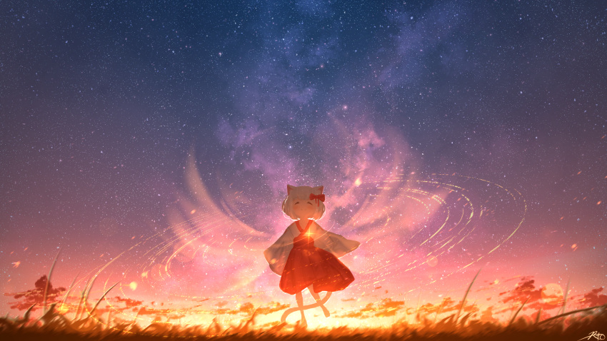 1girl animal_ears bow cat_ears cat_girl cat_tail chinese_commentary closed_eyes commentary_request facing_viewer full_body grass hair_bow highres japanese_clothes kimono light_particles long_sleeves original outdoors red_bow red_skirt rune_xiao scenery short_hair signature skirt sky solo standing star_(sky) starry_sky sunset tail white_hair white_kimono wings