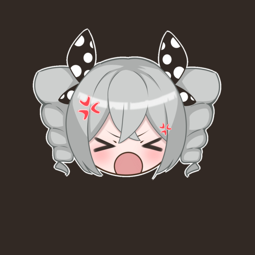 &gt;_&lt; 1girl anger_vein angry black_bow bow bronya_zaychik bronya_zaychik_(wolf's_dawn) brown_background closed_eyes closed_mouth grey_hair hair_bow head_only honkai_(series) honkai_impact_3rd mumukum open_mouth outline polka_dot polka_dot_bow simple_background solo v-shaped_eyebrows white_outline