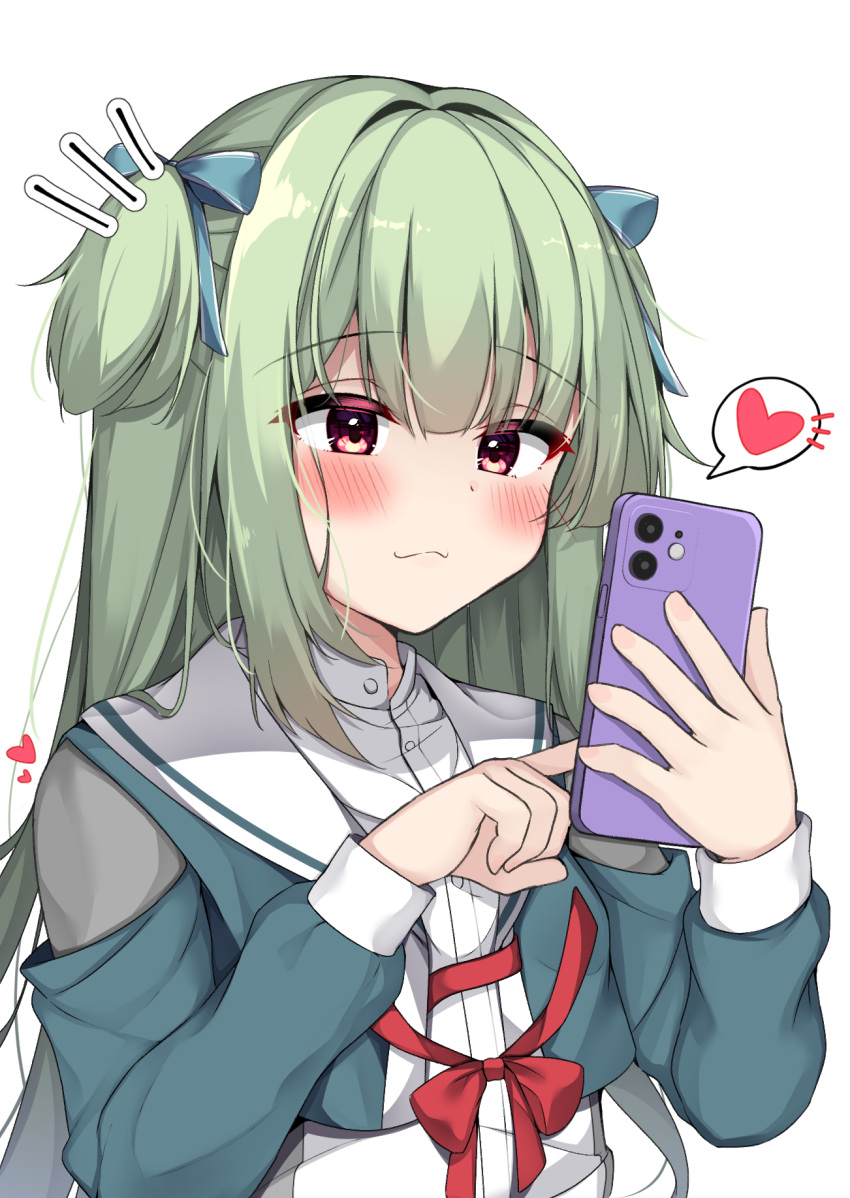 1girl :3 blue_jacket blue_ribbon blunt_bangs blush bow cellphone closed_mouth collared_shirt colored_eyelashes commentary double-parted_bangs eyelashes eyes_visible_through_hair green_hair hair_ribbon half_updo hands_up heart highres holding holding_phone index_finger_raised jacket long_hair long_sleeves looking_at_phone murasame_(senren) notice_lines phone red_bow red_eyes red_ribbon ribbon sailor_collar school_uniform senren_banka shirt sidelocks simple_background smartphone smile solo spoken_heart straight_hair two_side_up upper_body very_long_hair white_background white_sailor_collar white_shirt yosh1na