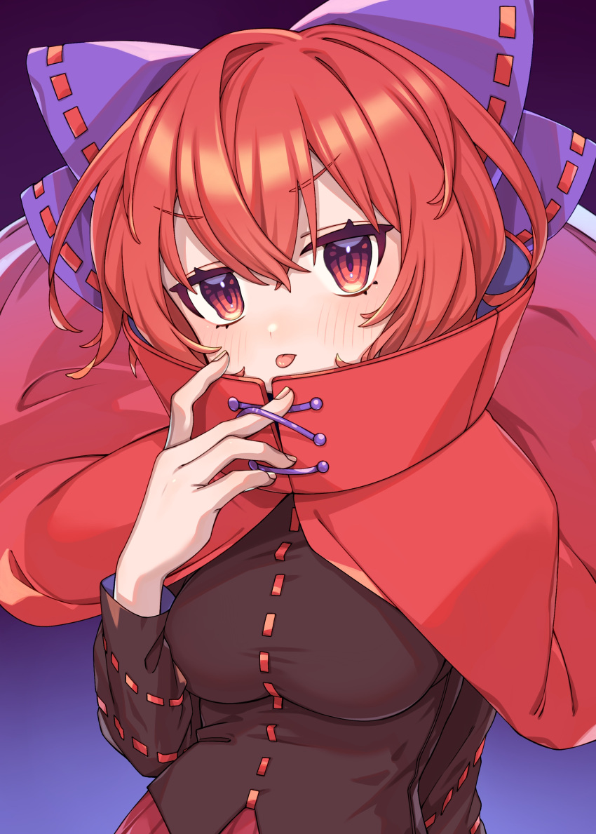 1girl absurdres black_shirt blue_bow blush bow cape e_sdss fingernails gradient_background hair_between_eyes hair_bow highres long_sleeves looking_at_viewer red_cape red_eyes red_skirt redhead sekibanki shirt short_hair skirt solo tongue tongue_out touhou upper_body