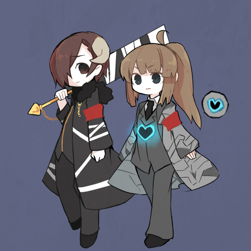 1boy 1girl :3 ahoge aqua_eyes black_necktie blue_background brown_eyes brown_hair closed_mouth coat collared_shirt commentary_request employee_(lobotomy_corporation) flat_chest full_body grey_coat grey_pants grey_vest hair_over_one_eye harvest_fes highres lobotomy_corporation long_sleeves necktie no_nose open_clothes open_coat pale_skin pants ponytail project_moon red_armband shirt short_hair simple_background v-shaped_eyebrows vest walking white_shirt