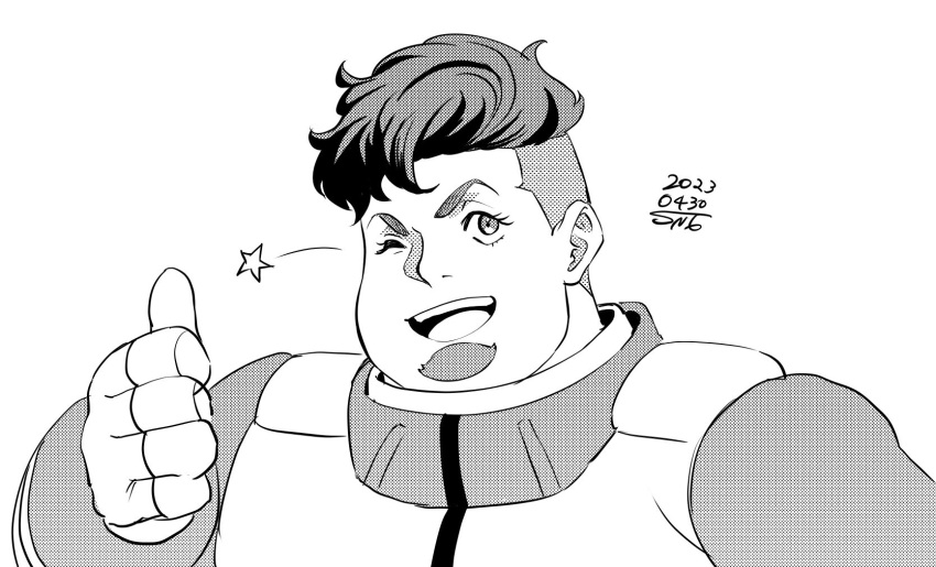 1boy ;d dated eyelashes facial_hair fat greyscale gundam gundam_suisei_no_majo highres kenanji_avery male_focus monochrome one_eye_closed open_mouth pilot_suit screentones simple_background smile sn8tbt thumbs_up undercut upper_body white_background