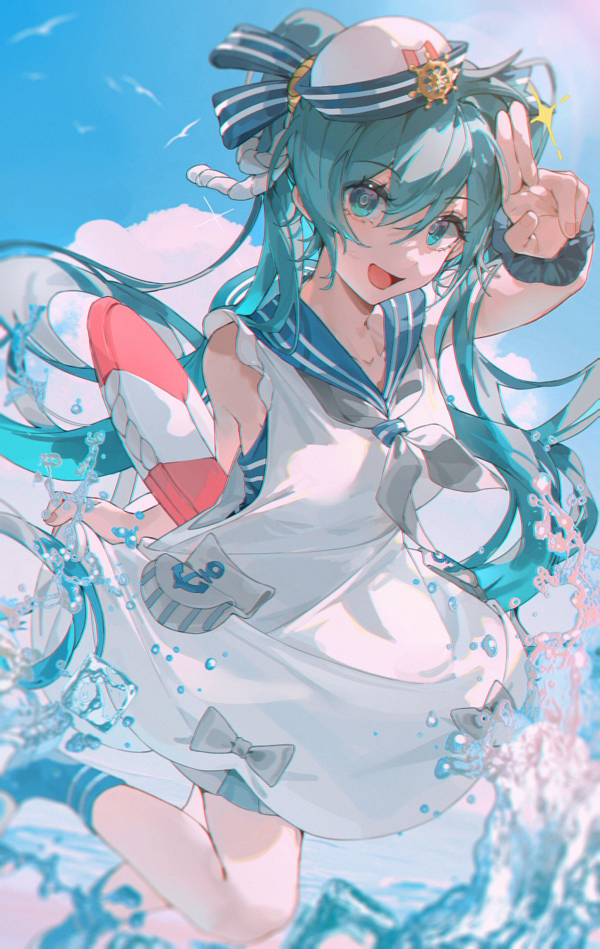 1girl absurdres anchor_symbol ankle_socks aqua_eyes aqua_hair arm_at_side arm_up bare_arms bare_legs bare_shoulders bird blue_sailor_collar blue_socks breasts clouds cloudy_sky collarbone dress fingernails hand_up hat hatsune_miku highres holding holding_clothes holding_dress holding_skirt lifebuoy long_hair looking_at_viewer medium_breasts ocean open_mouth running sailor_collar sailor_dress sailor_hat salute scrunchie skirt skirt_under_dress sky sleeveless smile socks solo splashing standing striped sunlight twintails two-finger_salute vocaloid water white_dress wrist_scrunchie z3zz4