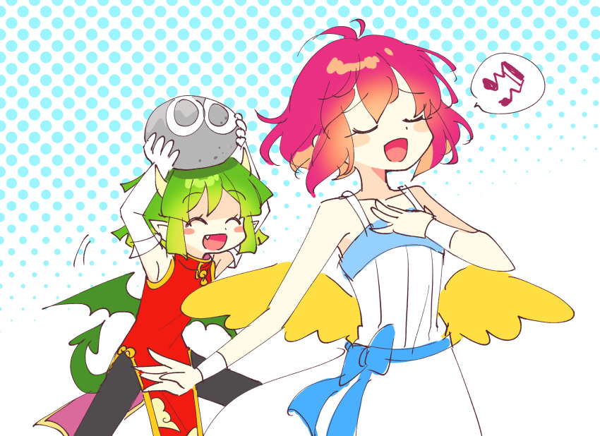 1other 2girls angel_wings blush closed_eyes draco_centauros dragon_girl dragon_horns dragon_tail dragon_wings dress green_hair green_wings harpy_(puyopuyo) highres horns madou_monogatari multiple_girls music musical_note offbeat pink_hair puyo_(puyopuyo) puyopuyo red_dress singing tail white_dress wings yellow_wings