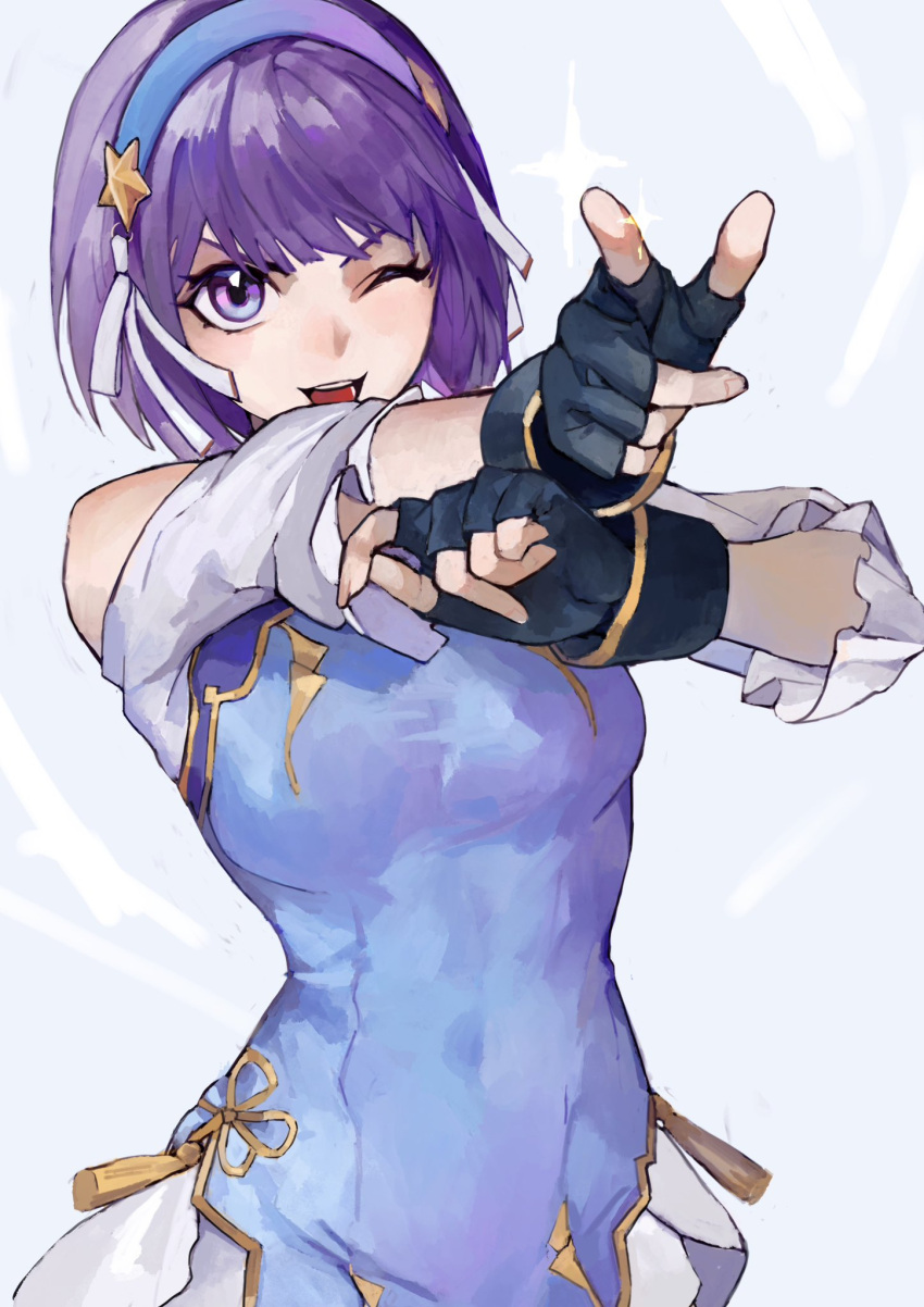 1girl asamiya_athena black_gloves blue_hairband fingerless_gloves gloves hairband highres one_eye_closed oni_gini pointing pointing_at_viewer purple_hair short_hair solo the_king_of_fighters violet_eyes