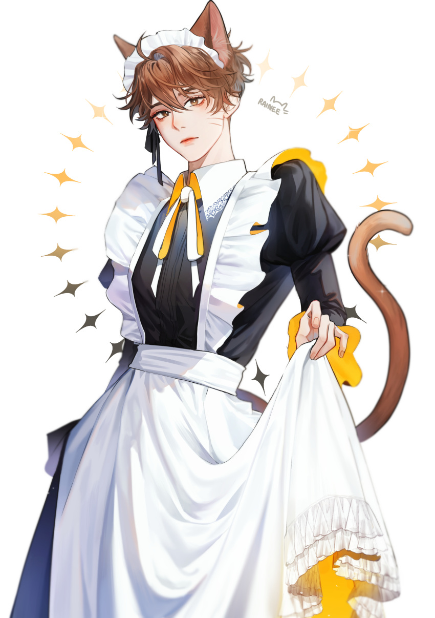 1boy absurdres ahoge animal_ear_fluff animal_ears apron artist_name black_dress black_ribbon brown_eyes brown_hair cat_boy cat_ears cat_tail closed_mouth collared_dress commentary_request crossdressing dentart dress english_commentary expressionless eyelashes facial_mark frilled_apron frills hair_between_eyes hair_ribbon hand_up highres juliet_sleeves kate_tran long_sleeves looking_at_viewer maid maid_apron maid_headdress male_focus mixed-language_commentary neck_ribbon puffy_sleeves raineemeow ribbon short_hair simple_background solo tail thai_commentary whisker_markings white_apron white_background white_ribbon wing_collar