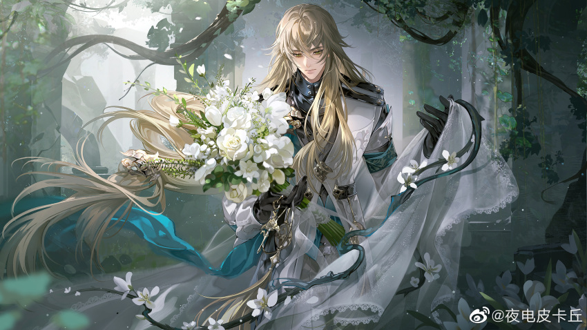 1boy aqua_vest arch black_gloves black_shirt blonde_hair blurry bouquet closed_mouth coat cowboy_shot depth_of_field expressionless flower gloves green_eyes hair_between_eyes highres holding holding_bouquet holding_veil honkai:_star_rail honkai_(series) jewelry long_hair long_sleeves looking_at_viewer low-tied_long_hair luocha_(honkai:_star_rail) male_focus pants pendant pendant_removed plant rose ruins shirt solo thorns vines white_coat white_flower white_pants white_rose white_veil ye_dian_pika_qiu