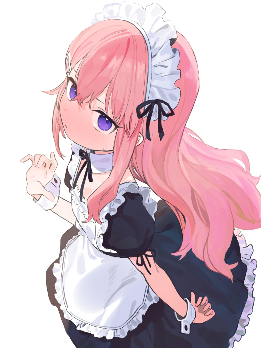 1girl apron black_dress black_ribbon blush closed_mouth commentary_request crossed_bangs detached_collar dress frilled_apron frills hair_ornament hairclip hand_up highres jitome long_hair looking_at_viewer maid maid_headdress neck_ribbon nose_blush original pink_hair ribbon short_sleeves signalviolet simple_background solo sweat very_long_hair violet_eyes white_apron white_background wrist_cuffs