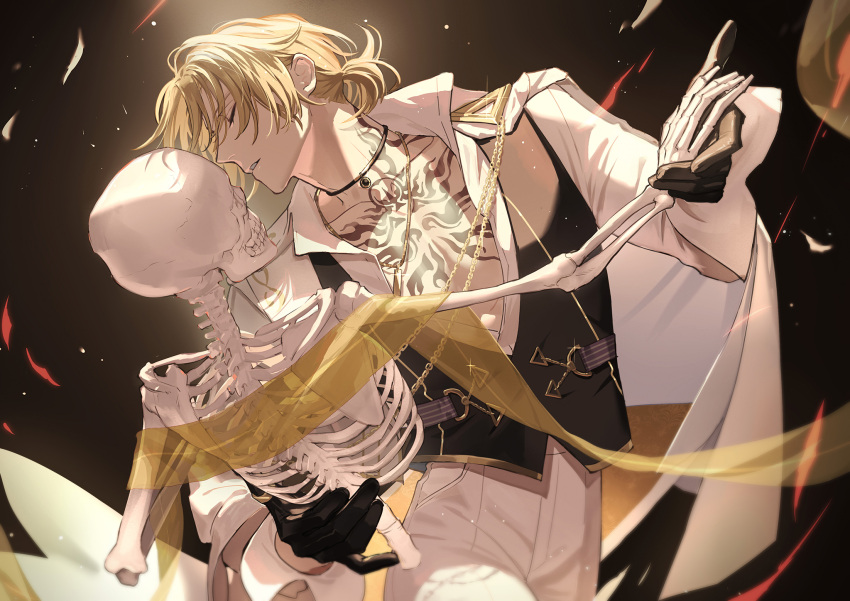 1boy black_background black_choker black_gloves black_vest blonde_hair cape chain chest_tattoo choker closed_eyes collared_shirt cowboy_shot dancing drenbofv gloves high-waist_pants highres holding_hands light_particles long_sleeves low_twintails luca_kaneshiro male_focus nijisanji nijisanji_en official_alternate_costume pants parted_bangs parted_lips partially_unbuttoned profile see-through see-through_shawl shawl shirt short_hair short_ponytail skeleton solo spotlight tattoo twintails vest virtual_youtuber white_cape white_pants white_shirt yellow_shawl