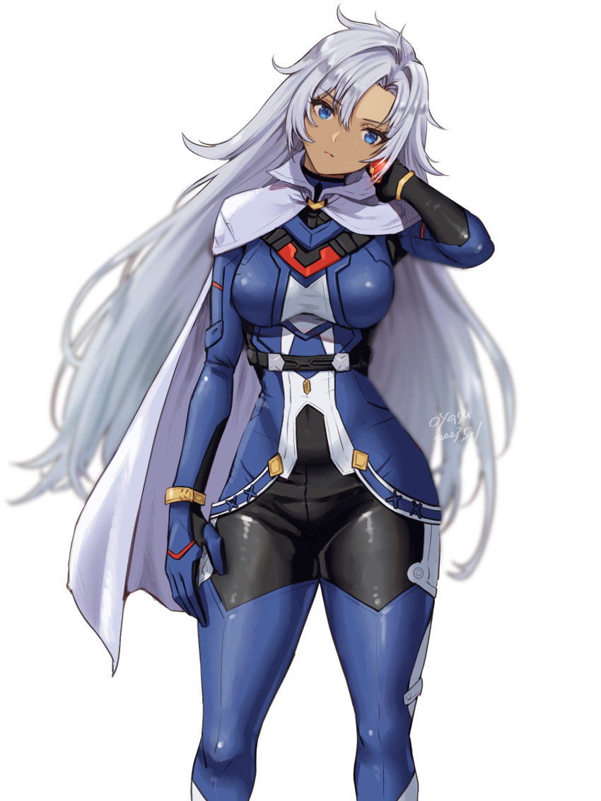 1girl a_(xenoblade) armor armored_bodysuit asymmetrical_bangs blue_eyes breasts cape closed_mouth collared_cape dated earrings expressionless hair_between_eyes hair_intakes highres jewelry long_hair looking_at_viewer messy_hair oyasu_(kinakoyamamori) pants shoulder_armor signature simple_background single_earring solo tight_clothes tight_pants very_long_hair white_background xenoblade_chronicles_(series) xenoblade_chronicles_3 xenoblade_chronicles_3:_future_redeemed