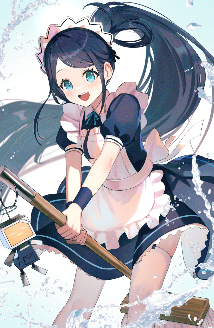 1girl :d apron aris_(blue_archive) aris_(maid)_(blue_archive) black_hair blue_archive blue_eyes broom dolce_(dolsuke) highres holding holding_broom long_hair looking_at_viewer maid maid_apron maid_headdress official_alternate_costume ponytail puffy_short_sleeves puffy_sleeves short_sleeves smile solo standing thigh-highs very_long_hair white_thighhighs