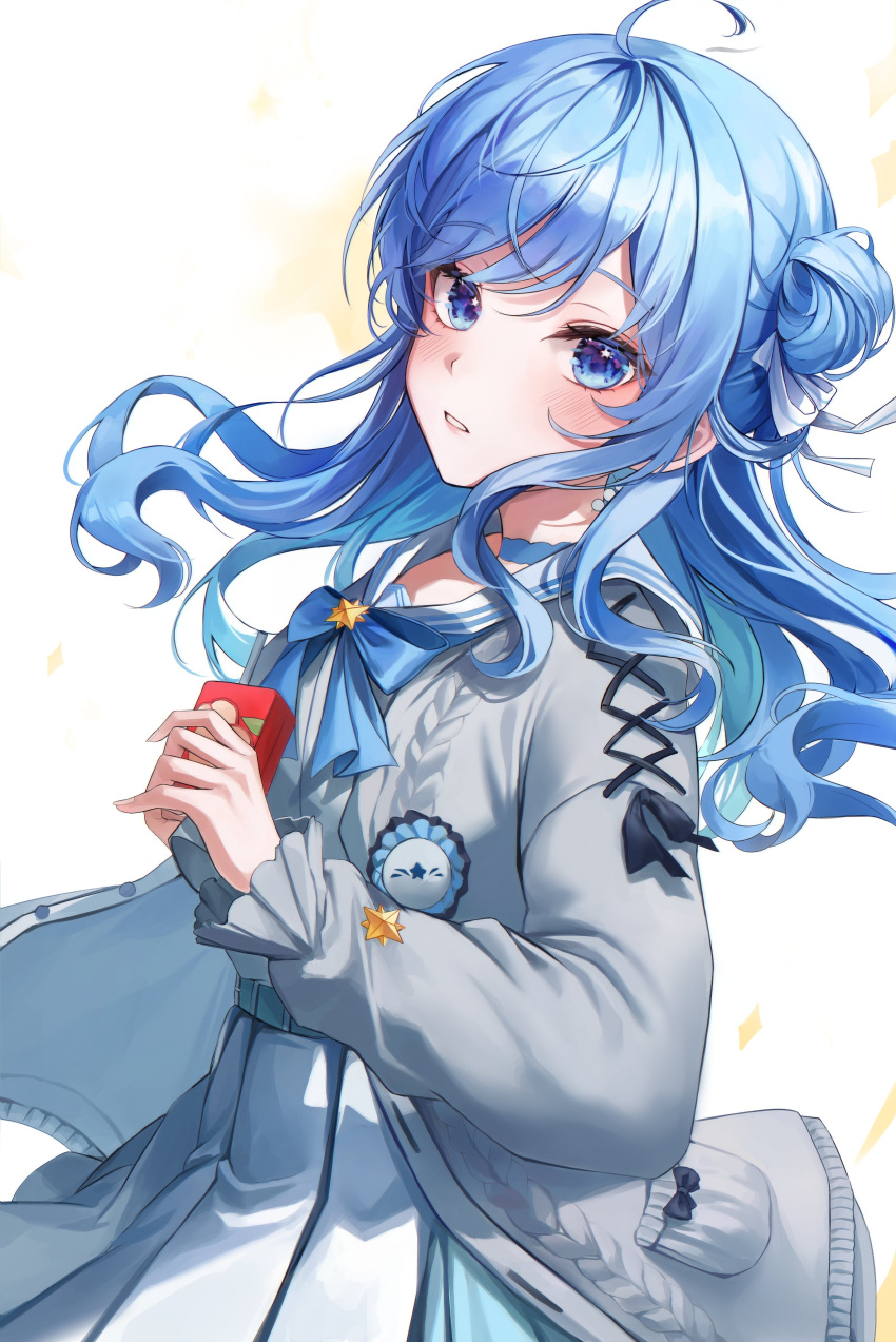 1girl absurdres badge belt blue_bow blue_choker blue_eyes blue_hair blush bow choker earrings expressionless hair_between_eyes hair_bun highres holding hololive hoshimachi_suisei hoshimachi_suisei_(4th_costume) jacket jewelry juice_box long_hair long_sleeves looking_at_viewer neck_ring parted_lips simple_background single_hair_bun solo standing star_(symbol) star_in_eye star_pin symbol_in_eye upper_body youwon0417