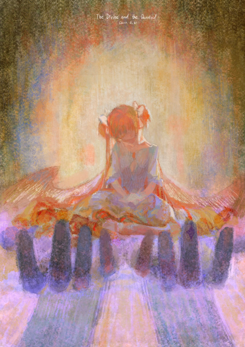 1girl angel_wings artist_name bow closed_eyes commentary_request currjiang dated dress goddess_madoka hair_bow highres kaname_madoka long_hair low_wings mahou_shoujo_madoka_magica pink_hair pink_thighhighs short_sleeves sitting thigh-highs title two_side_up very_long_hair white_bow white_dress wings yokozuwari