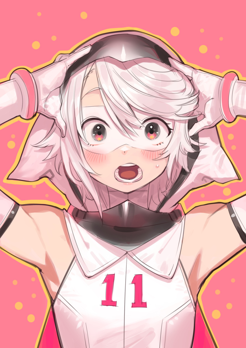 1girl armpits bare_shoulders black_eyes black_hood blush bukimi_isan eye_mask flat_chest gloves hair_between_eyes highres hood hood_up leotard open_mouth outline pink_background short_hair shy_(character) shy_(series) solo teeth two-tone_background upper_body white_gloves white_hair white_hood white_leotard yellow_outline