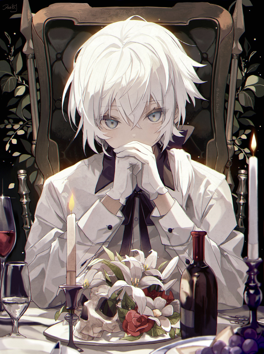 absurdres androgynous blush bottle candle chair crossed_bangs cup drinking_glass flower food fruit gloves grapes grey_eyes hair_between_eyes highres leaf light_blush long_sleeves looking_at_viewer namiki_itsuki neck_ribbon on_chair original own_hands_together pale_skin plate red_flower ribbon rose shirt short_hair sitting skull solo upper_body white_flower white_gloves white_hair white_shirt wine_glass