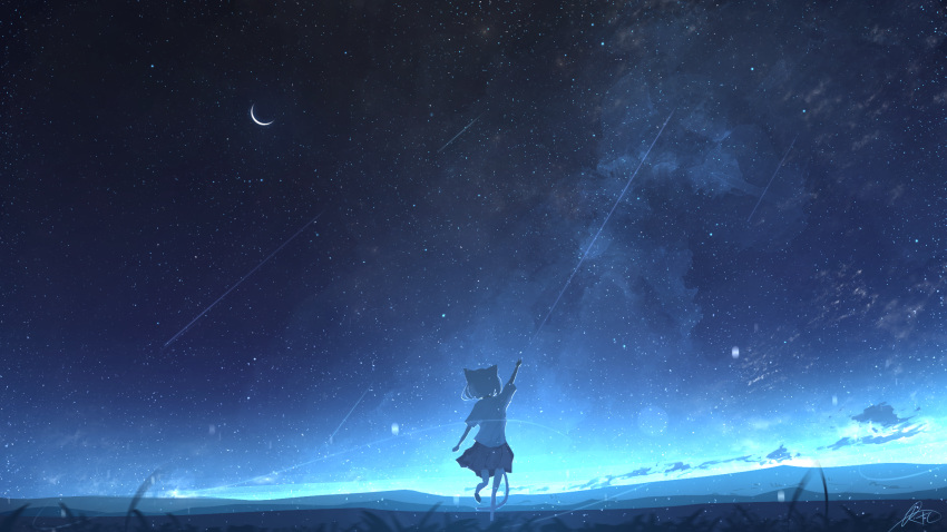 1girl animal_ears arm_up blue_theme cat_ears cat_girl cat_tail chinese_commentary commentary_request crescent_moon english_commentary from_behind full_body grass highres horizon light_particles mixed-language_commentary moon mountainous_horizon night night_sky original outdoors rune_xiao scenery shooting_star short_hair signature sky solo standing standing_on_one_leg star_(sky) star_(symbol) starry_sky tail white_hair