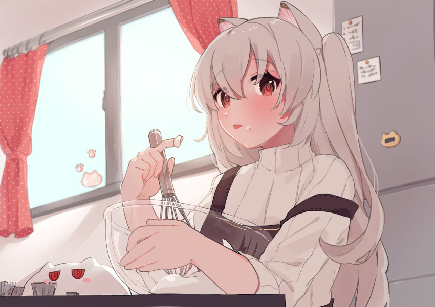 1girl animal_ears apron black_apron cat cat_ears cat_girl cupcake day food food_on_face food_on_hand grey_hair hibarin0404 highres holding holding_whisk indoors long_hair looking_at_viewer nora_cat nora_cat_channel red_eyes refrigerator solo sweater table tongue tongue_out turtleneck turtleneck_sweater virtual_youtuber whipped_cream whisk window