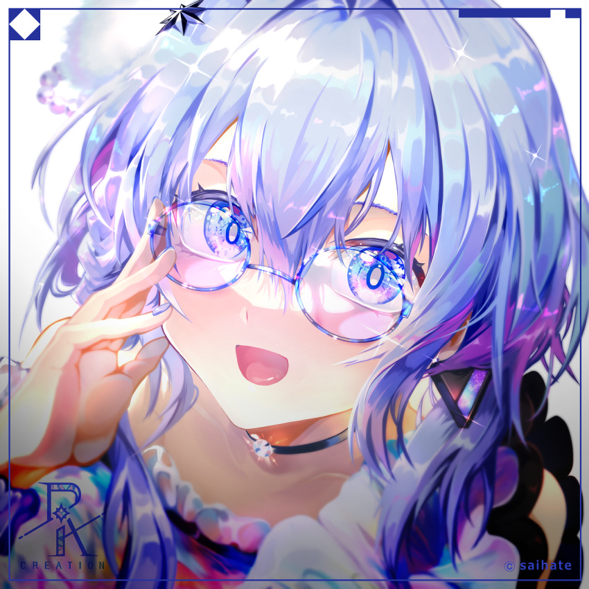 1girl :d adjusting_eyewear black_choker blue-framed_eyewear blue_eyes blue_hair choker collarbone commentary_request gradient_background grey_background hair_between_eyes hand_up highres looking_at_viewer original saihate_(d3) smile solo twitter_username white_background