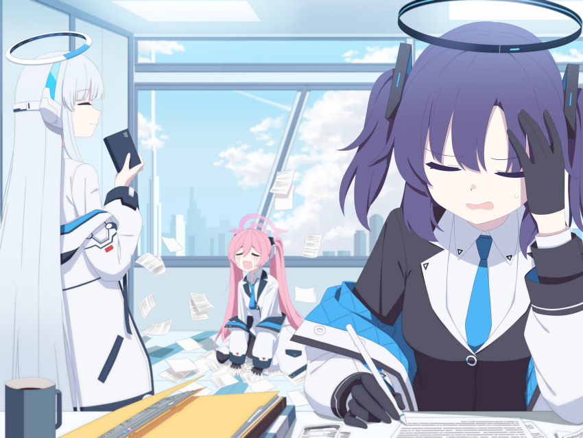 3girls absurdres aimpoleume black_gloves black_jacket blue_archive blue_necktie closed_eyes clouds coat crying cup day gloves grey_hair halo highres holding indoors jacket koyuki_(blue_archive) long_hair long_sleeves multiple_girls necktie noa_(blue_archive) off_shoulder paper pink_hair purple_hair shirt sitting sky sweat twintails two_side_up very_long_hair window yuuka_(blue_archive)