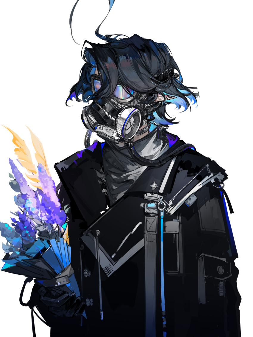 1boy absurdres ahoge arknights black_coat black_gloves blue_hair bouquet coat dongsheng earrings gloves goggles grey_sweater highres holding holding_bouquet jewelry looking_at_viewer lumen_(arknights) male_focus pointy_ears pouch respirator simple_background solo strap sweater upper_body white_background