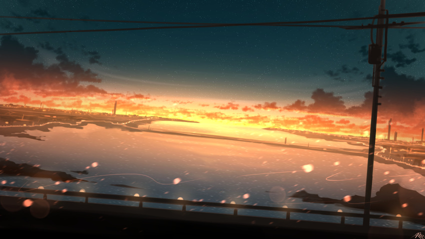 chinese_commentary cityscape clouds commentary_request highres light_particles no_humans original outdoors power_lines rune_xiao scenery signature sky star_(sky) starry_sky still_life sunset utility_pole