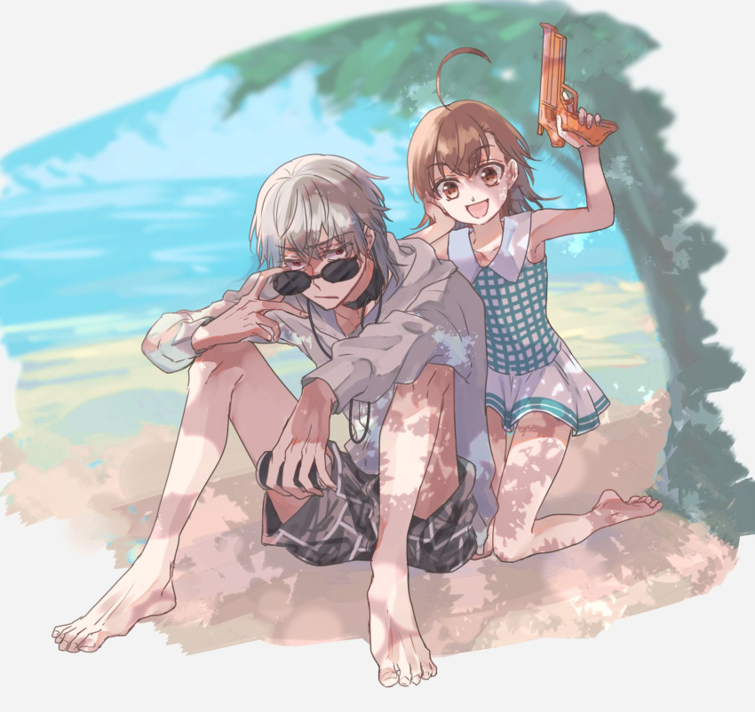 1boy 1girl accelerator_(toaru_majutsu_no_index) adjusting_eyewear age_difference ahoge albino bare_legs beach black_choker blue_one-piece_swimsuit blurry blurry_background brown_eyes brown_hair can canned_coffee checkered_clothes checkered_swimsuit choker closed_mouth dappled_sunlight electrodes flat_chest frown grey_male_swimwear hand_on_own_face hand_up highres holding holding_can holding_water_gun hood hoodie knees_together_feet_apart knees_up last_order_(toaru_majutsu_no_index) loli looking_at_viewer male_swimwear one-piece_swimsuit open_mouth red_eyes reimei_(1988) sand sanpaku short_hair sitting smile sunglasses sunlight swimsuit toaru_majutsu_no_index tree water_gun waves white_background white_hair white_hoodie