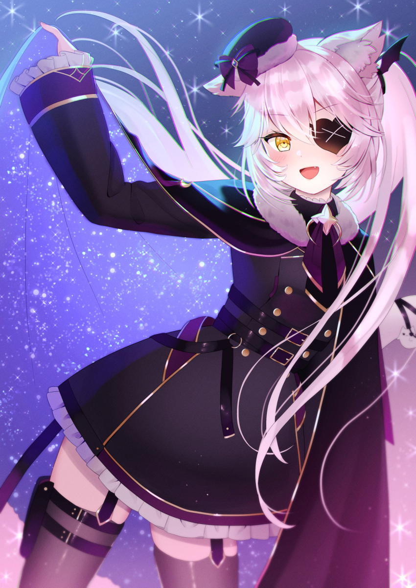 1girl animal_ear_fluff animal_ears black_dress black_garter_straps black_jacket black_thighhighs blush cape cat_ears cat_girl dress eyepatch fang garter_straps gothic_lolita hair_ornament heart heart_eyepatch highres indie_virtual_youtuber jacket lolita_fashion long_hair long_sleeves looking_at_viewer nyatasha_nyanners open_mouth pink_hair sleeves_past_wrists smile solo thigh-highs thigh_strap unisanjou virtual_youtuber yellow_eyes