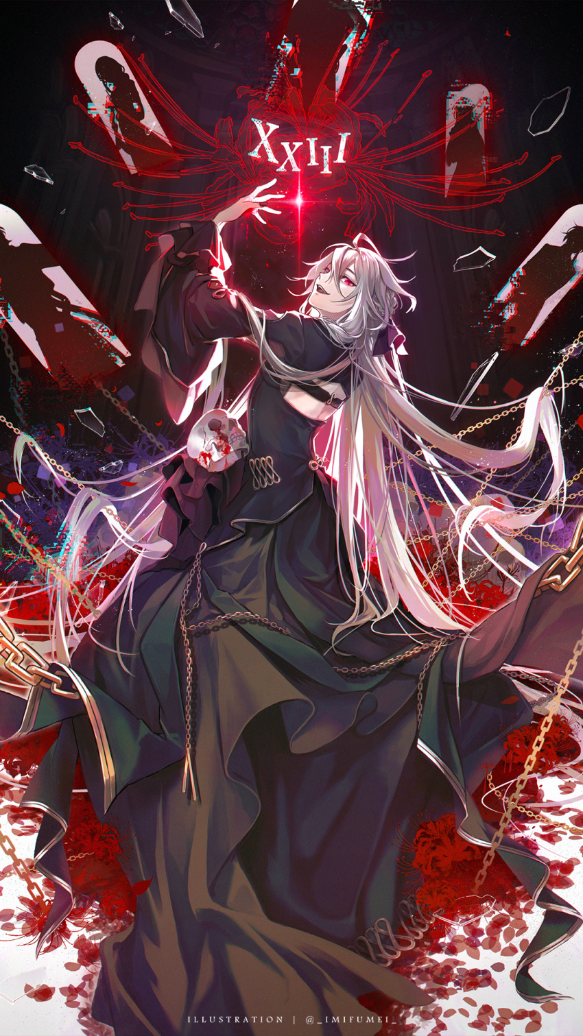 1boy :d androgynous ankou_(shuuen_no_virche) arm_up back_cutout black_robe braid chain clothing_cutout dome flower french_braid from_behind full_body glass_shards glitch grey_hair hair_between_eyes hair_ribbon highres imi_fumei_(imifu-imifu) indoors light_particles long_hair long_sleeves looking_at_viewer looking_back male_focus petals pillar red_eyes red_flower red_ribbon ribbon robe roman_numeral shards shuuen_no_virche silhouette smile solo spider_lily teeth upper_teeth_only very_long_hair wide_sleeves