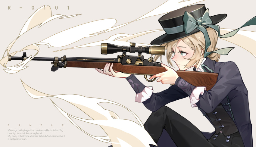 1girl aiming aqua_bow aqua_ribbon beishang_yutou black_coat black_headwear black_pants black_vest blonde_hair boater_hat bow buttons closed_mouth coat collared_coat collared_shirt double-breasted english_text expressionless feet_out_of_frame finger_on_trigger from_side grey_background gun hair_bun hat hat_bow hat_ribbon heart_button high-waist_pants highres holding holding_gun holding_weapon kalashnikov_rifle long_sleeves looking_ahead on_one_knee open_clothes open_coat pants profile reverse:1999 ribbon scope shirt simple_background single_hair_bun sleeve_cuffs smoke swept_bangs vertin_(reverse:1999) vest weapon white_shirt