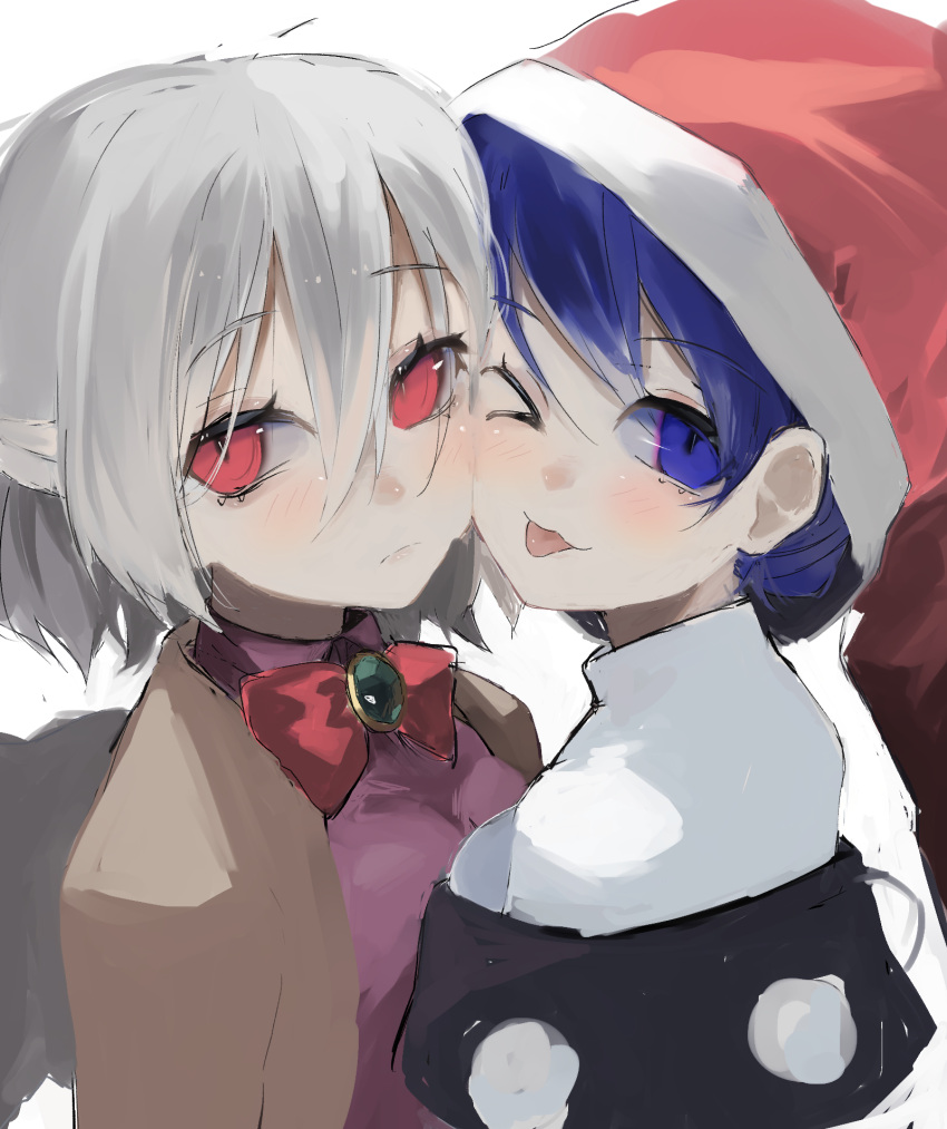 &gt;_o 2girls ;p blue_eyes blue_hair bow bowtie brooch capelet closed_mouth commeowdore doremy_sweet expressionless from_side grey_hair hair_between_eyes hat highres jewelry kishin_sagume light_blush looking_at_viewer multiple_girls nightcap one_eye_closed pom_pom_(clothes) red_bow red_bowtie red_eyes short_hair simple_background single_wing tongue tongue_out touhou upper_body white_background wings yuri