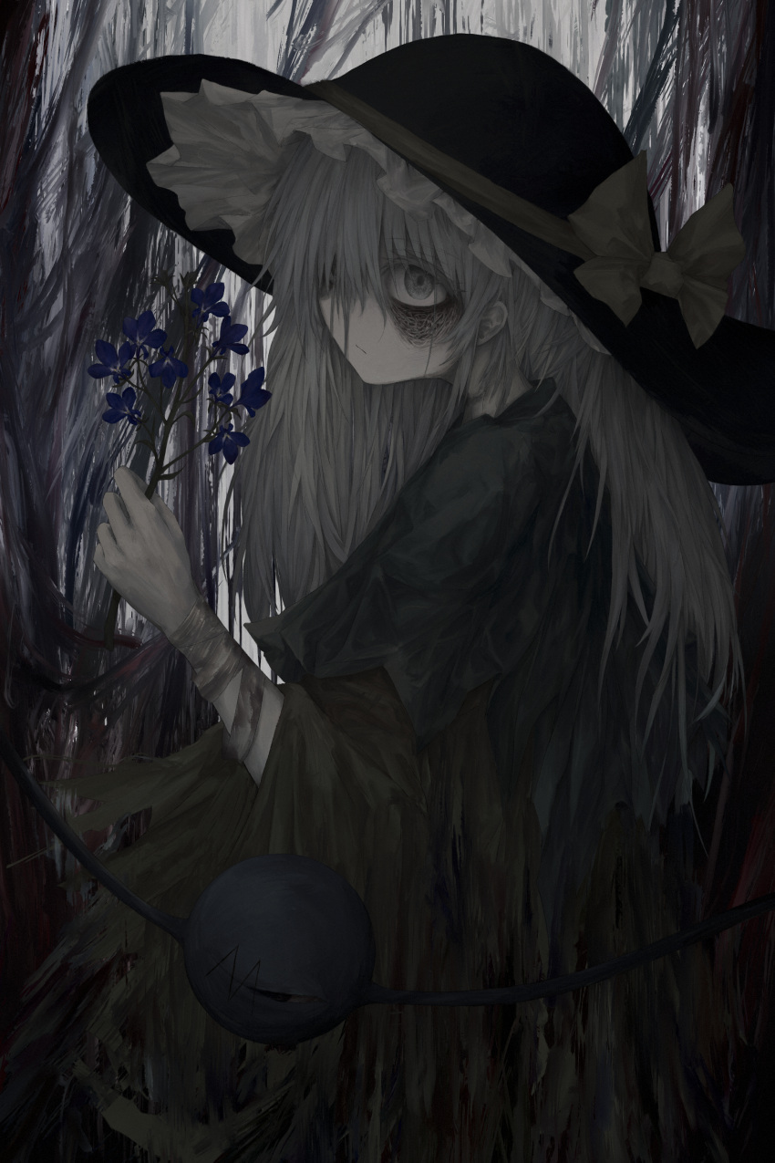 1girl :/ absurdres bags_under_eyes bandages black_dress black_headwear blood blood_on_bandages blouse bow closed_mouth dress eyeball flower forest frilled_hat frills green_eyes grey_hair hair_between_eyes hair_over_one_eye hat hat_bow hat_ribbon highres holding holding_flower komeiji_koishi light_frown long_hair long_sleeves looking_at_viewer loose_bandages medium_hair messy_hair nature pale_skin reverinth ribbon shirt solo sun_hat third_eye touhou yellow_bow yellow_ribbon yellow_shirt