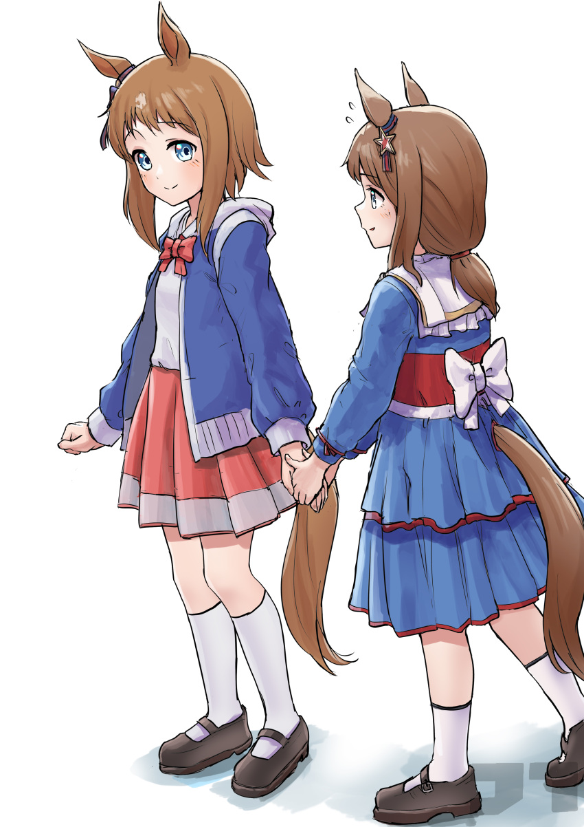 2girls absurdres aged_down alternate_hair_length alternate_hairstyle animal_ears black_footwear blue_dress blue_eyes blue_jacket bow bowtie brown_hair commentary dress ear_ornament english_commentary grass_wonder_(umamusume) highres holding_hands horse_ears horse_girl horse_tail jacket jtleeklm low_ponytail mary_janes mixed-language_commentary multiple_girls original pink_bow pink_bowtie pink_skirt pleated_skirt shoes short_hair sidelocks simple_background skirt socks tail tail_through_clothes umamusume white_background white_bow white_socks wonder_again_(racehorse)