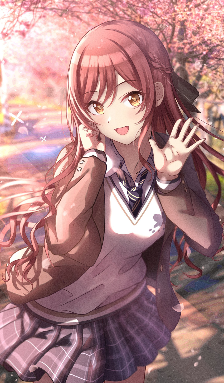 1girl absurdres black_ribbon blue_necktie blurry blurry_background blush braid breasts brown_hair brown_jacket citrusmikan collarbone cowboy_shot falling_petals flower grass grey_skirt hair_ribbon hands_up highres idolmaster idolmaster_shiny_colors jacket long_hair long_sleeves looking_at_viewer medium_breasts necktie open_clothes open_jacket open_mouth osaki_amana outdoors petals pink_nails plaid plaid_necktie plaid_skirt pleated_skirt ribbon road school_uniform shirt skirt smile solo street sweater swept_bangs tree white_shirt white_sweater yellow_eyes