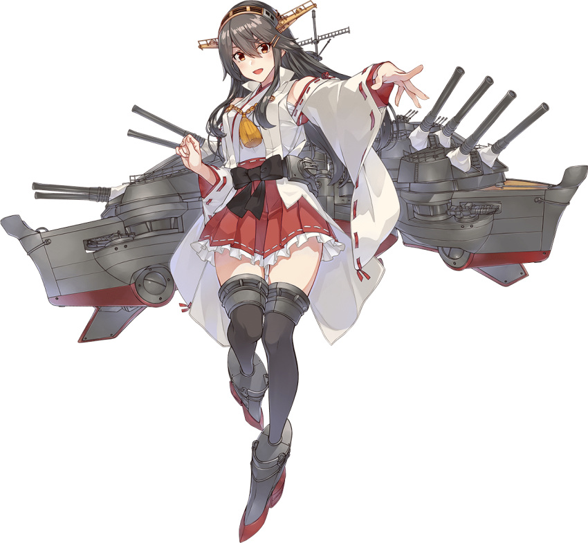 1girl bare_shoulders black_hair breasts brown_eyes brown_hair detached_sleeves hair_ornament hairband hairclip haruna_(kancolle) haruna_kai_ni_(kancolle) headgear japanese_clothes kantai_collection konishi_(koconatu) large_breasts long_hair looking_at_viewer nontraditional_miko official_art open_mouth ribbon-trimmed_sleeves ribbon_trim skirt smile solo thigh-highs