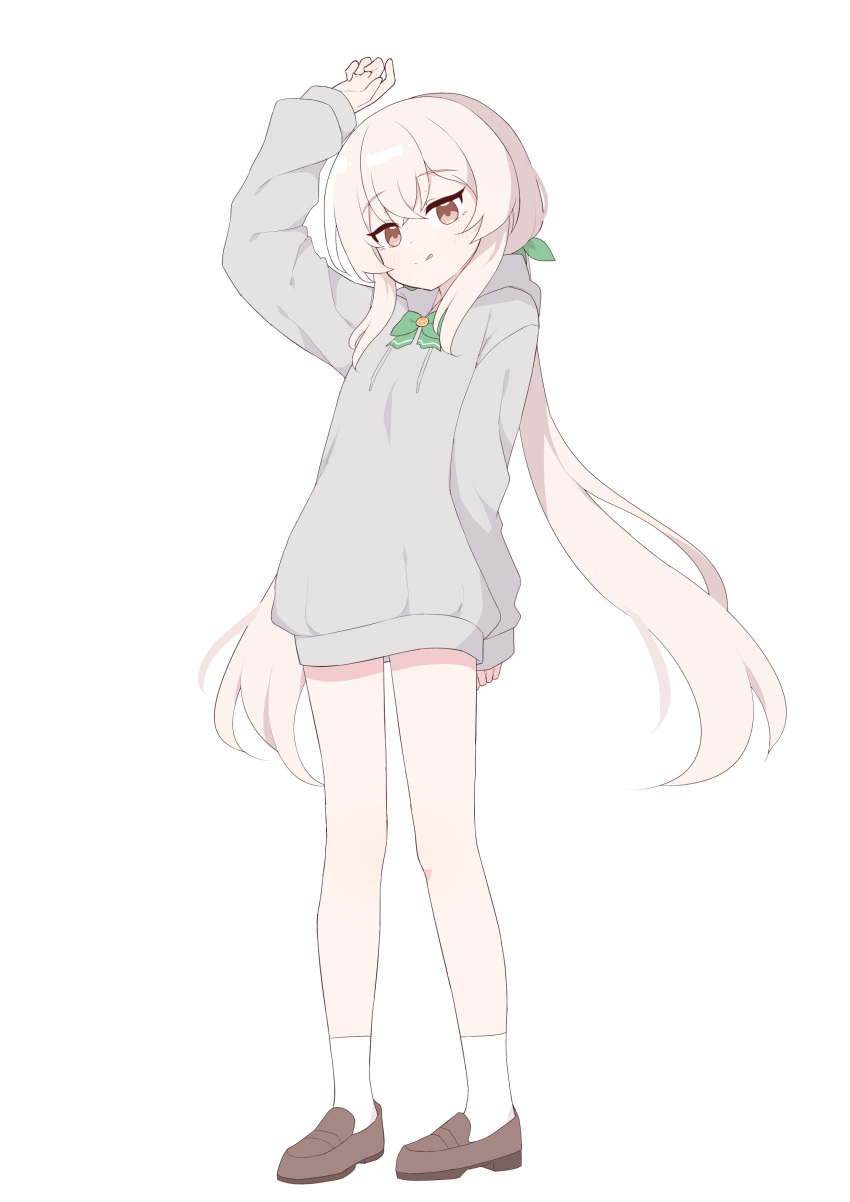 1boy absurdres brown_eyes brown_hair gam_gyuri grey_hoodie hagoonha highres hood hoodie long_hair looking_at_viewer official_art simple_background thighs white_background youtube