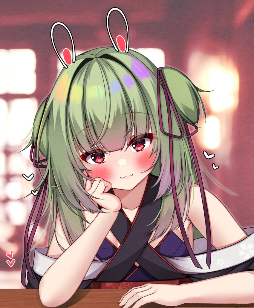 1girl :3 animal_ears arm_support black_kimono bloom blunt_bangs blurry blurry_background blush bunny_day cleavage_cutout closed_mouth clothing_cutout collarbone commentary detached_sleeves drawn_ears dress elbow_on_table eyelashes eyes_visible_through_hair green_hair hair_ribbon hand_on_own_cheek hand_on_own_face head_tilt heart highres indoors japanese_clothes kimono long_hair looking_at_viewer murasame_(senren) pov purple_dress purple_ribbon rabbit_ears red_eyes ribbon senren_banka sidelocks sitting smile solo straight-on straight_hair two_side_up upper_body wide_sleeves yosh1na