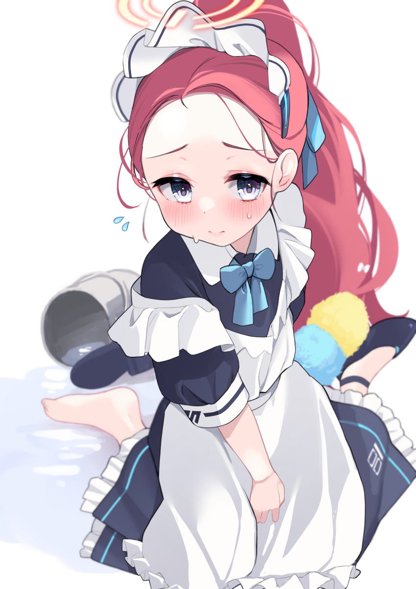 1girl absurdres apron barefoot black_footwear blue_archive blue_bow blue_bowtie blush bow bowtie bucket closed_mouth commentary_request embarrassed forehead grey_eyes halo highres long_hair looking_at_viewer maid maid_apron maid_headdress official_alternate_costume redhead sacha shoes simple_background sitting solo water wet white_background yuzu_(blue_archive) yuzu_(maid)_(blue_archive)