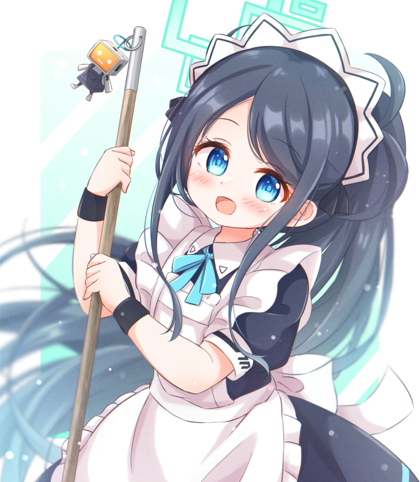 1girl apron araki495 aris_(blue_archive) aris_(maid)_(blue_archive) black_dress black_hair blue_archive blue_eyes blue_ribbon blush commentary_request cowboy_shot dress dutch_angle frilled_apron frills green_halo halo highres holding holding_mop long_hair maid maid_apron maid_headdress mop neck_ribbon open_mouth ponytail puffy_short_sleeves puffy_sleeves ribbon short_sleeves sidelocks solo swept_bangs white_apron wrist_cuffs